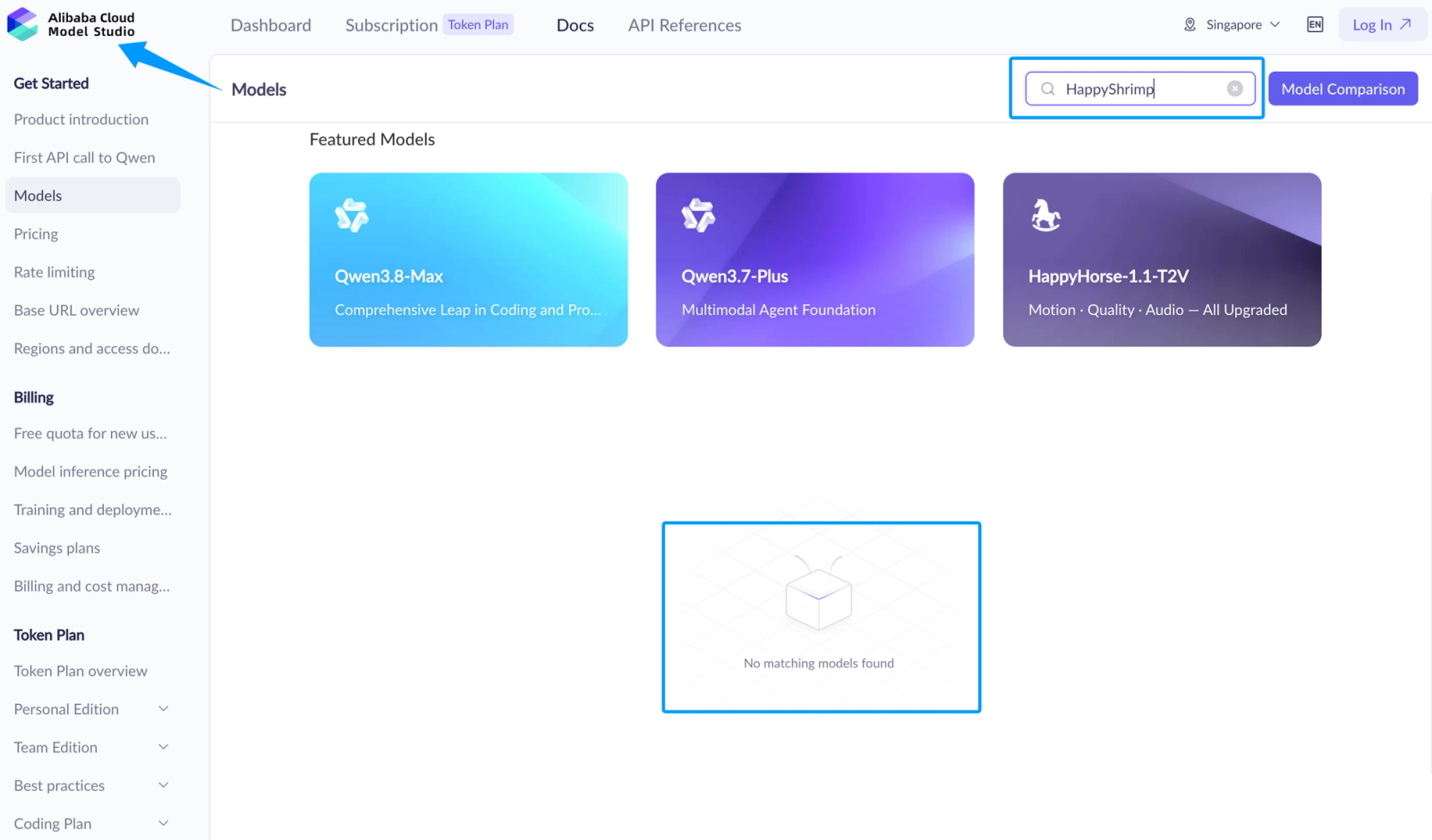 HappyShrimp review: searching for HappyShrimp on Alibaba Cloud Model Studio returns no results.
