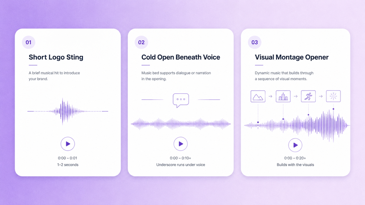 Infographic displaying three video intro music styles: Short Logo Sting (1–2 seconds), Cold Open Beneath Voice (10+ seconds), and Visual Montage Opener (20+ seconds).