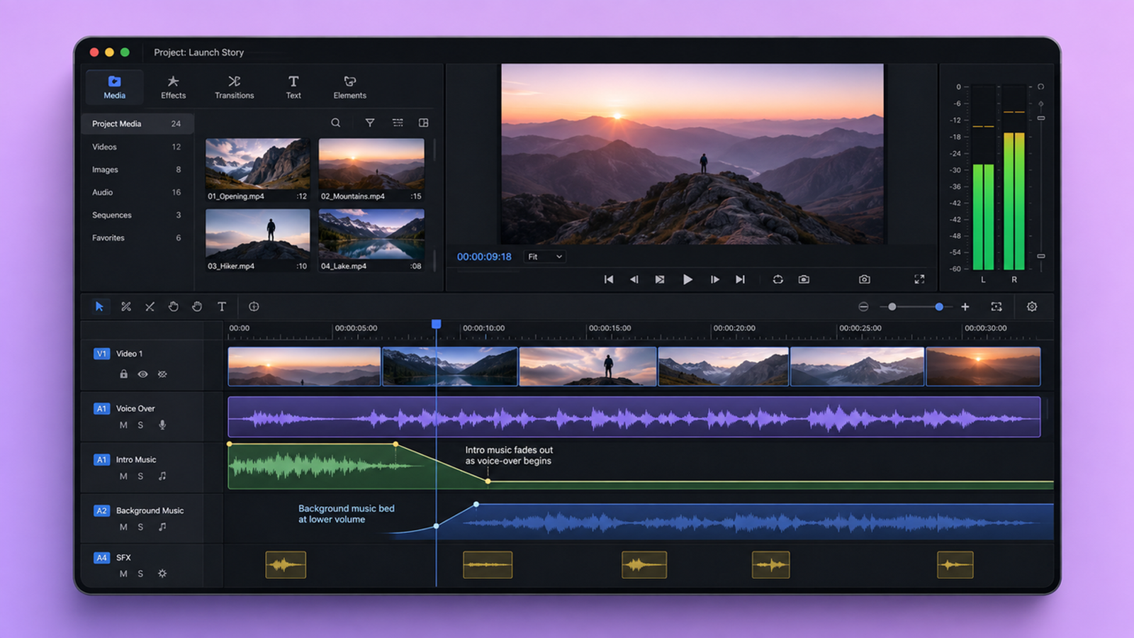 Editing software interface displaying multitrack audio timeline where high-energy intro music transitions and fades into a lower-level background music bed under a voice-over.