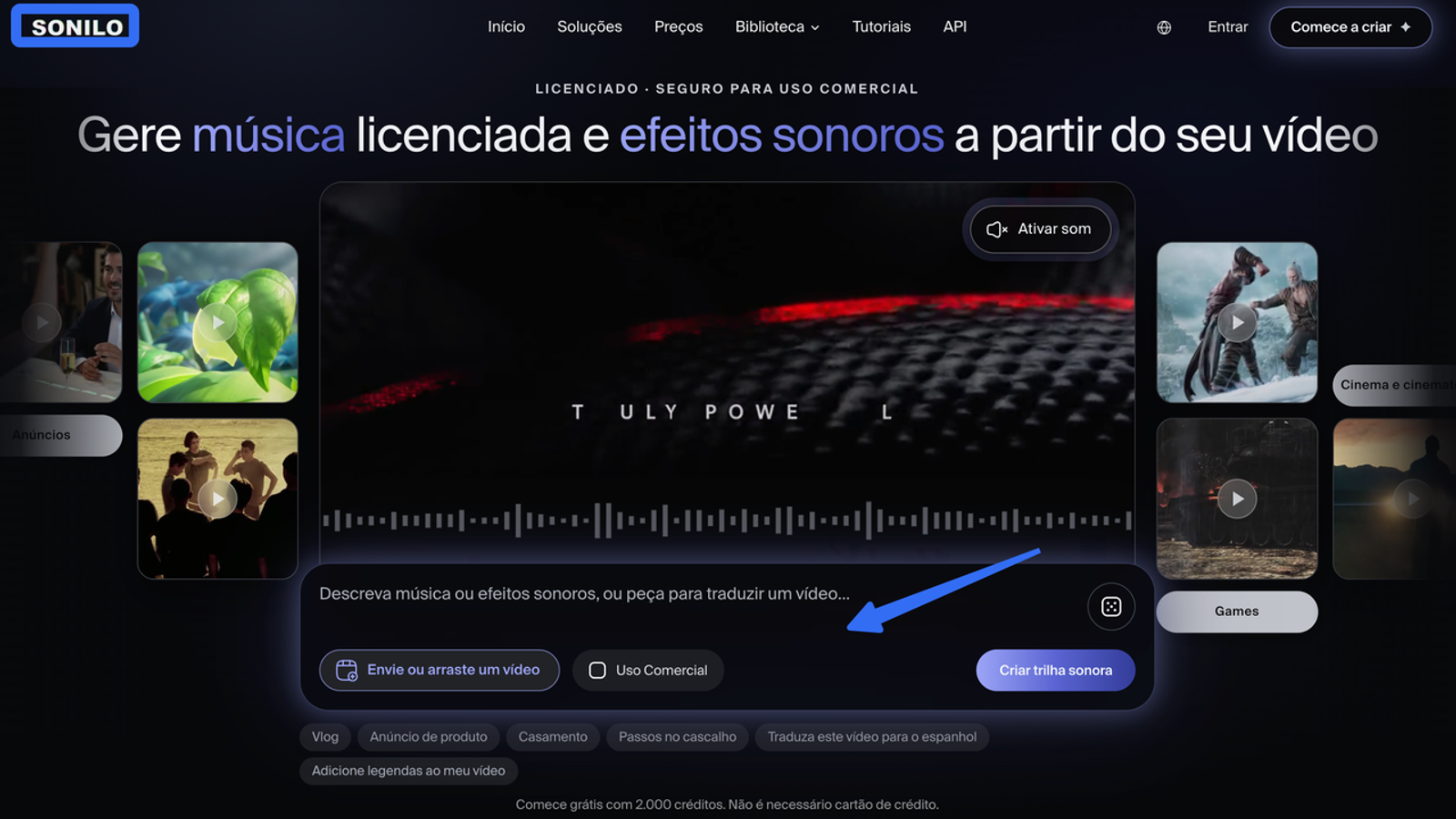 Plataforma avançada para gerar trilhas e efeitos sonoros de transição com IA para seus projetos de vídeo.