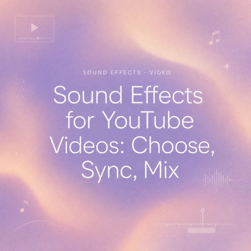 Purple and peach gradient background with text "Sound Effects for YouTube Videos: Choose, Sync, Mix" and small icons.