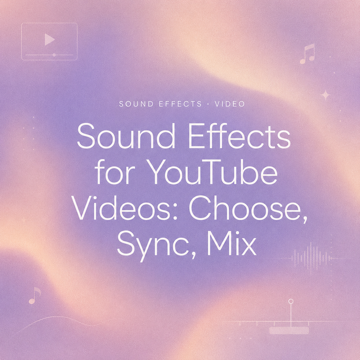 Purple and peach gradient background with text "Sound Effects for YouTube Videos: Choose, Sync, Mix" and small icons.