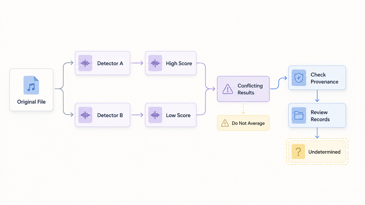 A process flow for detectors to check music to see if its ai generated or not reliably.