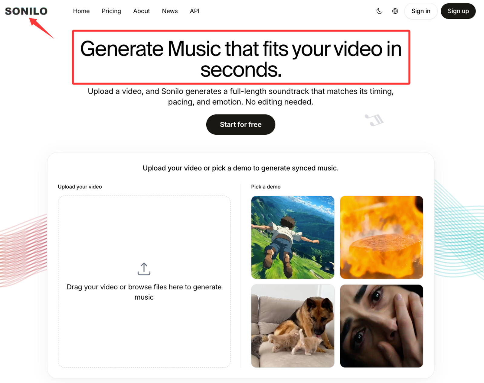 The Sonilo website interface which acts as an advanced random melody generator to fit custom music to uploaded videos.