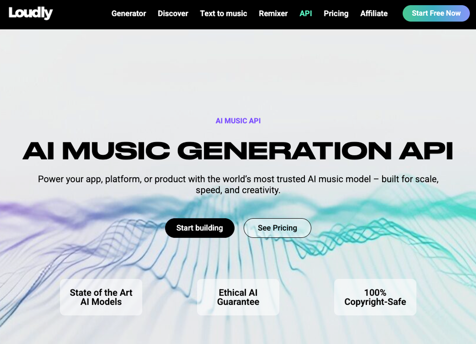 Loudly music generation API website, listed among the best AI music generators for games for app developers.