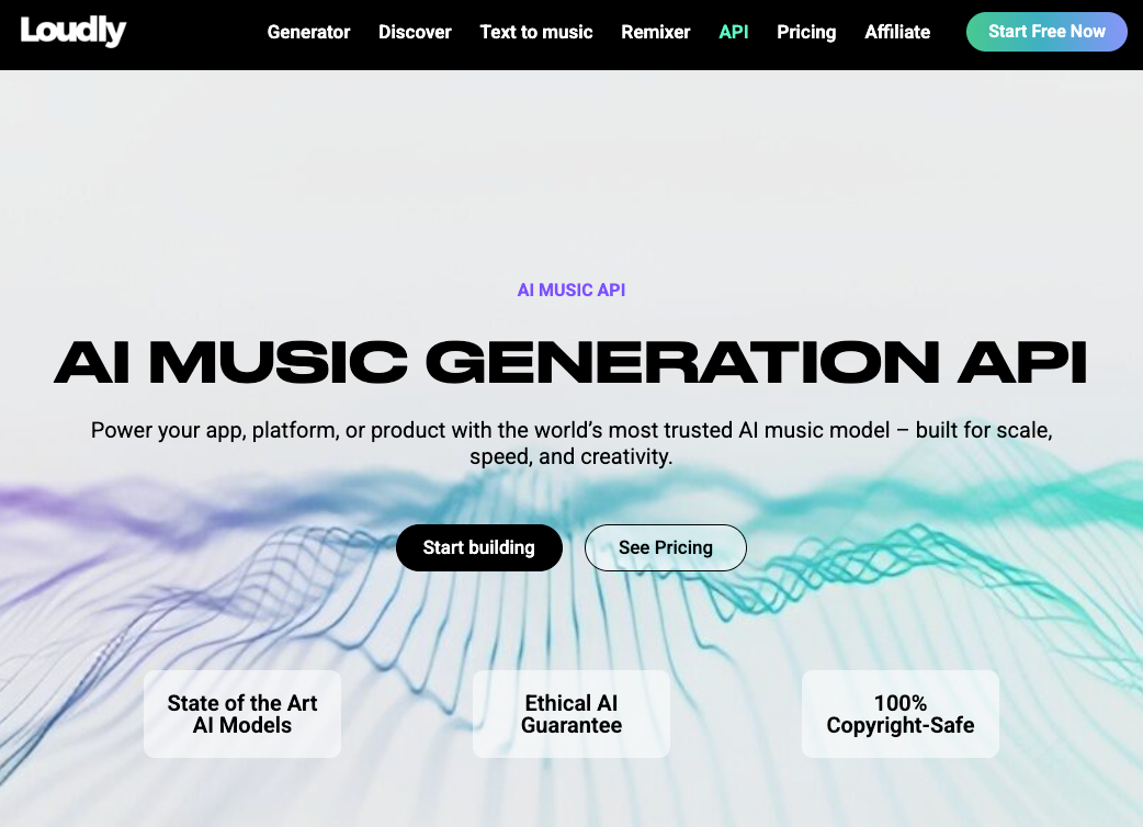 Loudly music generation API website, listed among the best AI music generators for games for app developers.