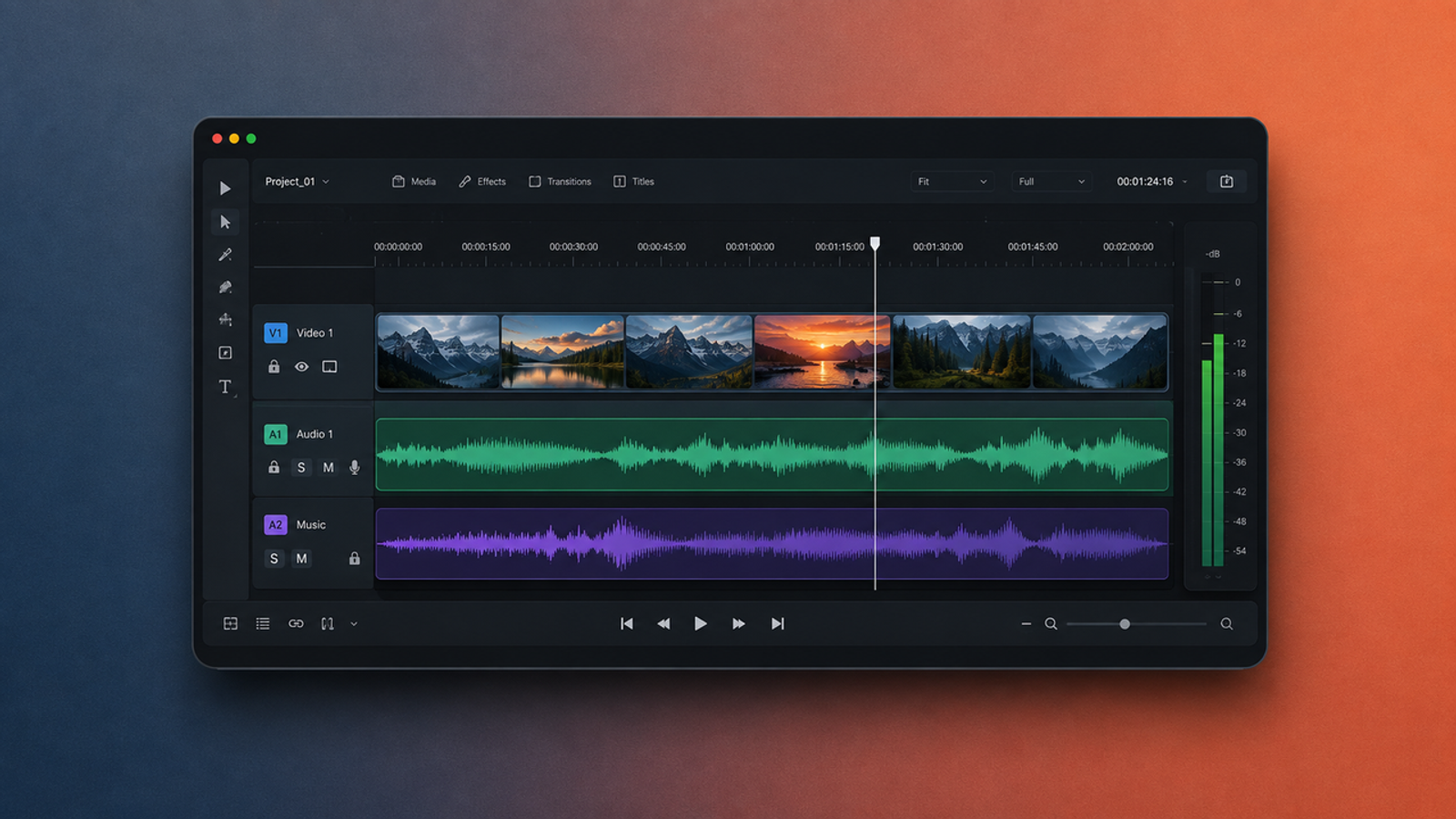 Video editing timeline workspace displaying separate video, dialog audio, and background music tracks with volume meters.
