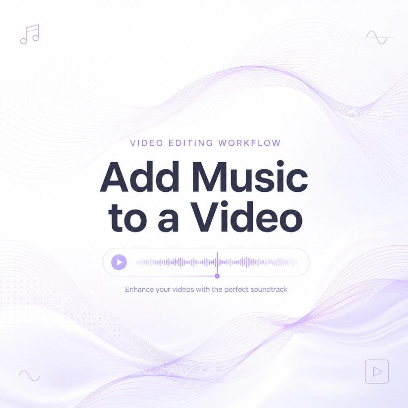 Title card displaying a video editing workflow tutorial focused on adding music to a video.