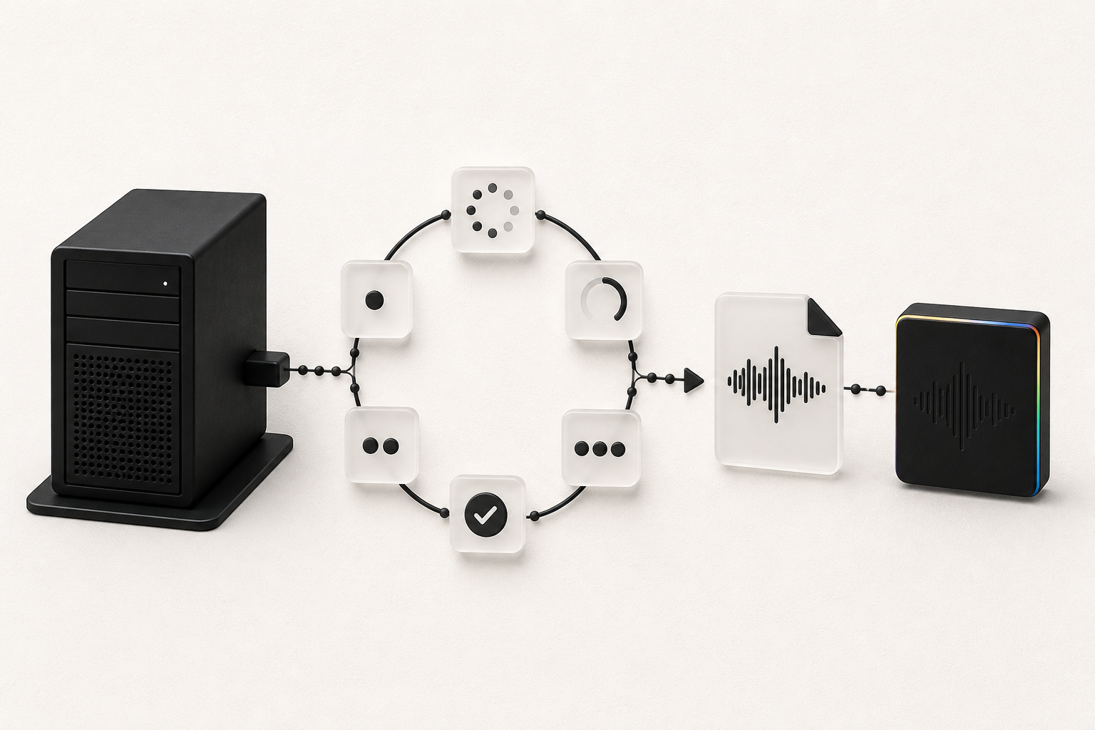 A black server polls a ring of status nodes before delivering an audio file into a completed archive tile.