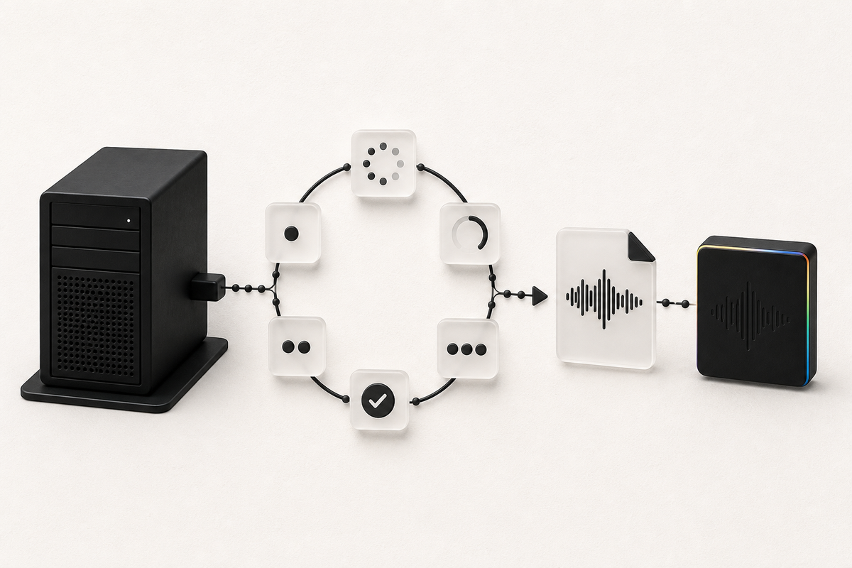 A black server polls a ring of status nodes before delivering an audio file into a completed archive tile.