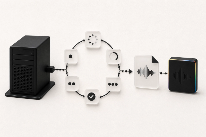 A black server polls a ring of status nodes before delivering an audio file into a completed archive tile.