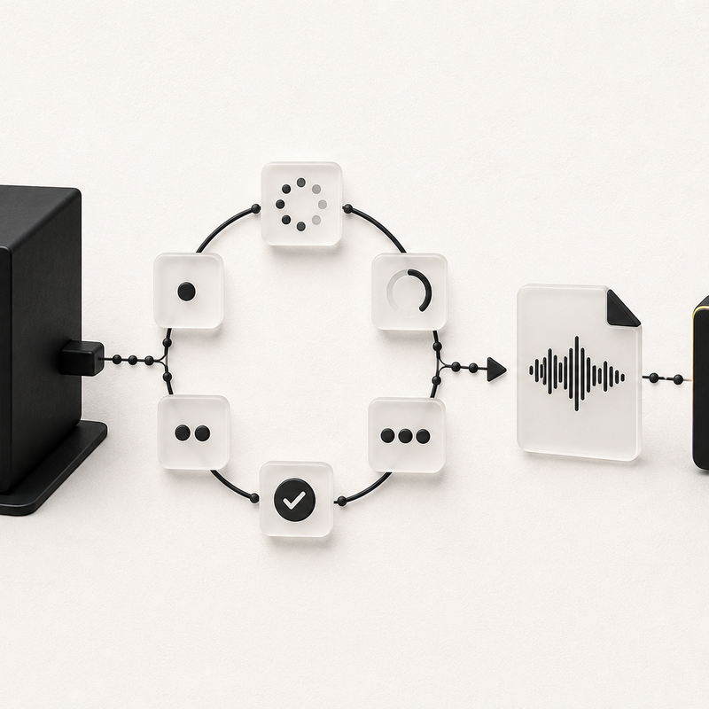 A black server polls a ring of status nodes before delivering an audio file into a completed archive tile.