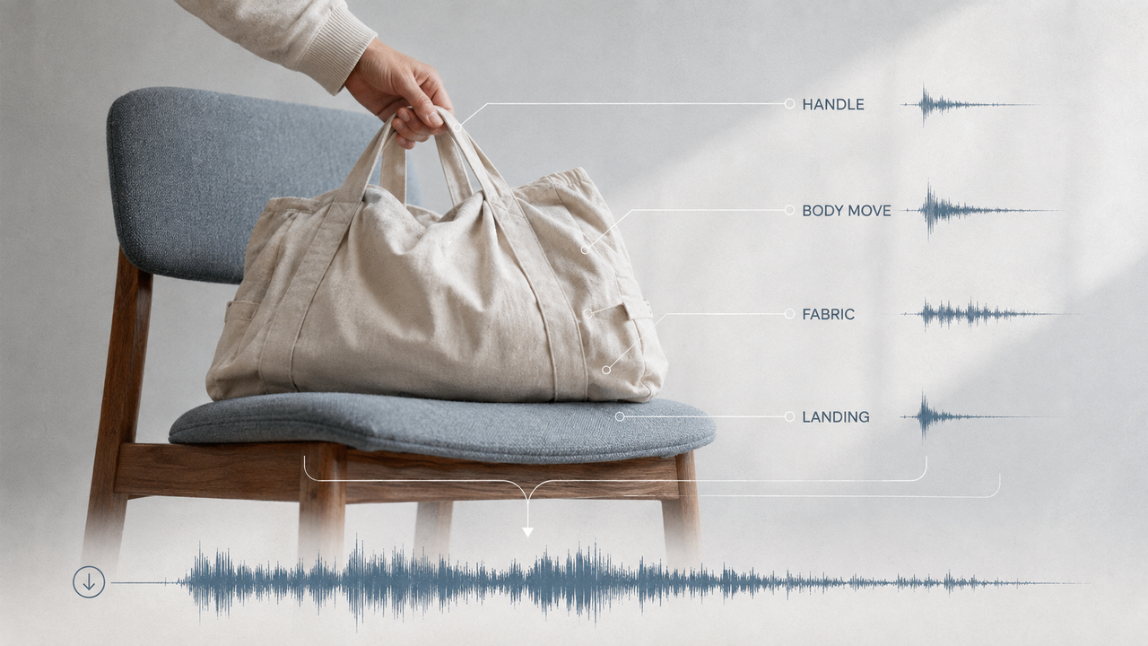 Breakdown of foley artist sound effects showing audio waveforms generated by handling a canvas bag on a wooden chair.