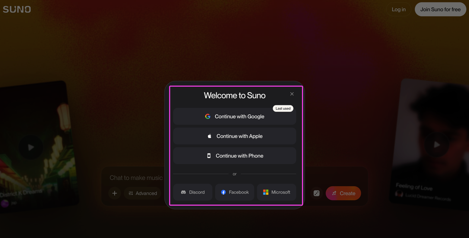 The account login screen showing secure access options when asking is suno ai safe.