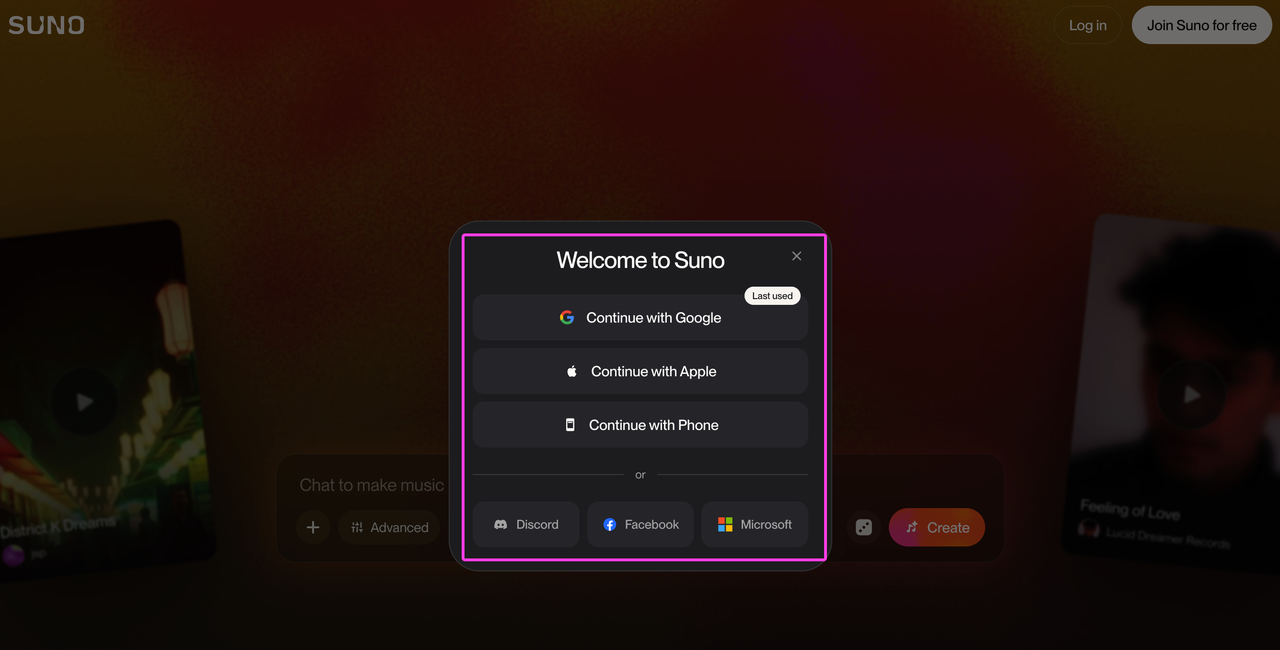 The account login screen showing secure access options when asking is suno ai safe.