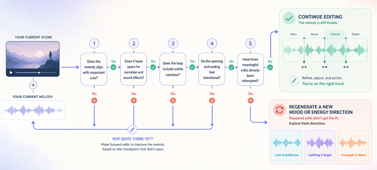 A comprehensive checklist flowchart guiding composers on how to write better melodies that fit current video scenes.