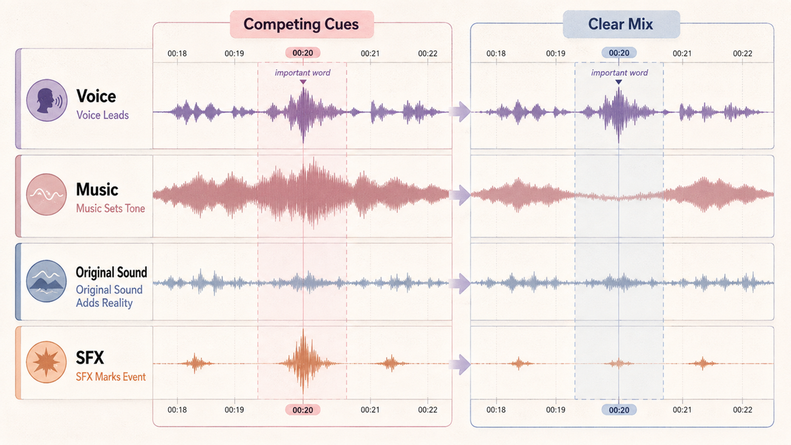 A comparison chart illustrating competing cues versus a clear mix using sound effects for YouTube videos, showing track level ducking.