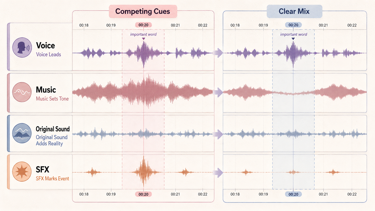 A comparison chart illustrating competing cues versus a clear mix using sound effects for YouTube videos, showing track level ducking.