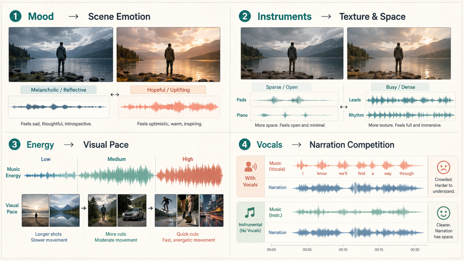 An infographic detailing four ways Suno tags like mood and energy affect video soundtracks with visual examples.