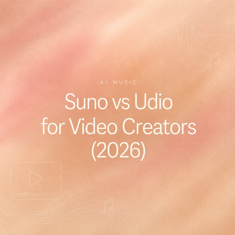Warm peach-toned cover graphic titled "Suno vs Udio for Video Creators (2026)" featuring minimalist line-art iconography of a video player, waveform, and floating musical notes.