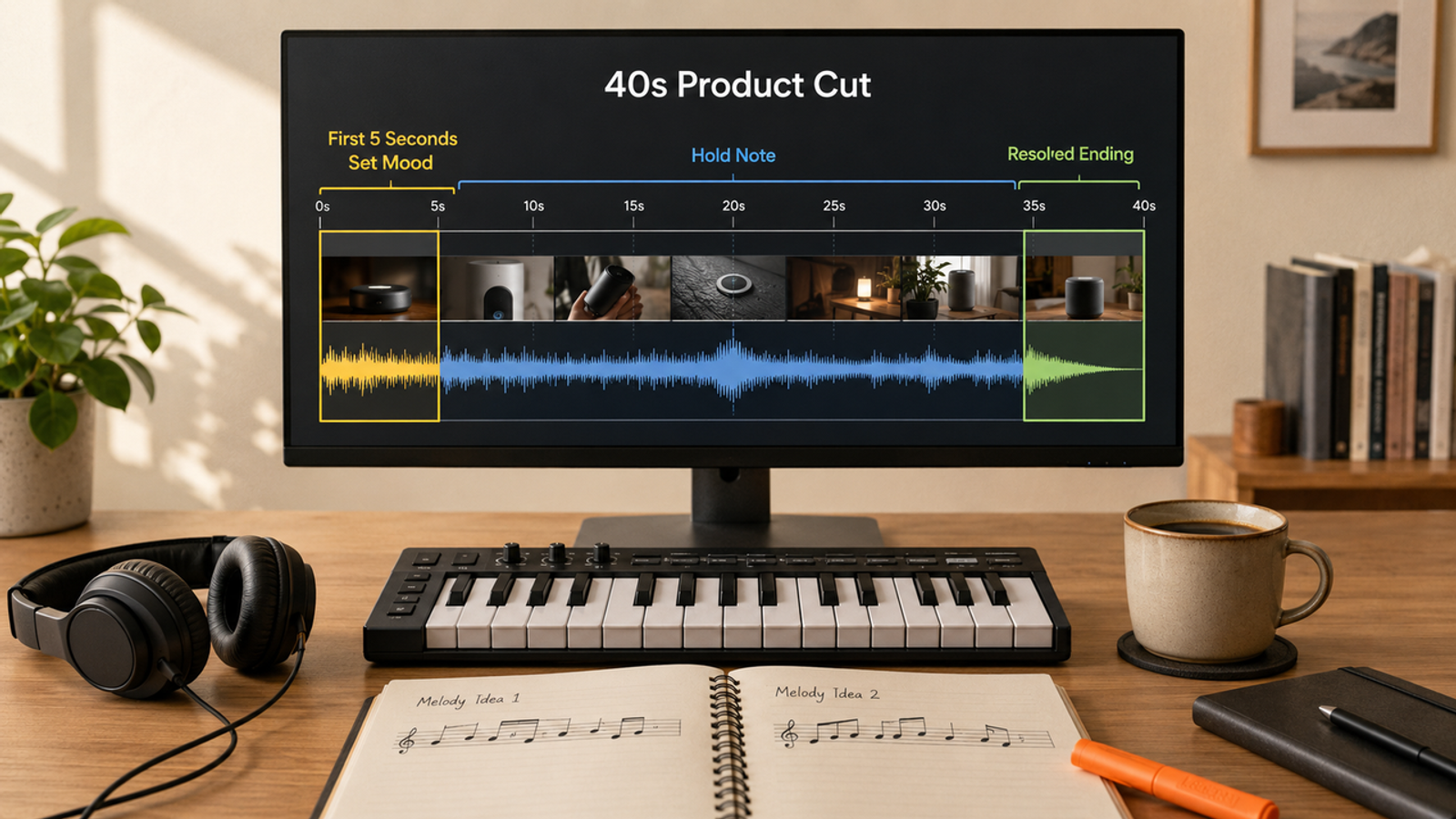 A monitor displaying a 40s video cut editing timeline, showing creators how to write better melodies on a desk.