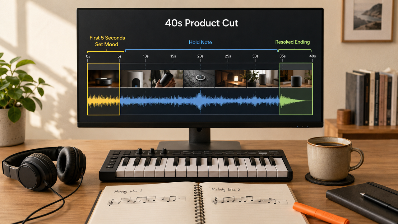 A monitor displaying a 40s video cut editing timeline, showing creators how to write better melodies on a desk.