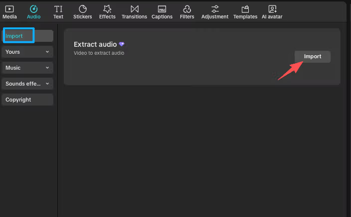 Veja como usar o botão de importação em editores de vídeo para adicionar MP3 a MP4 e extrair áudios com sucesso.
