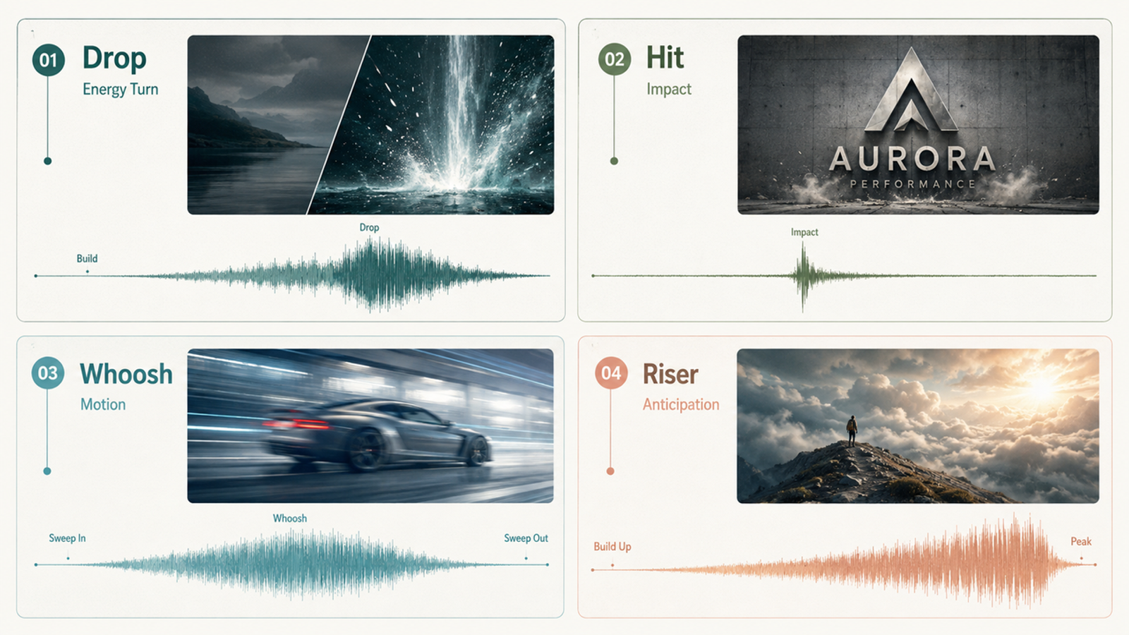 Compare waveforms of the best intro drop in sound effects, including drops, hits, whooshes, and risers for videos.