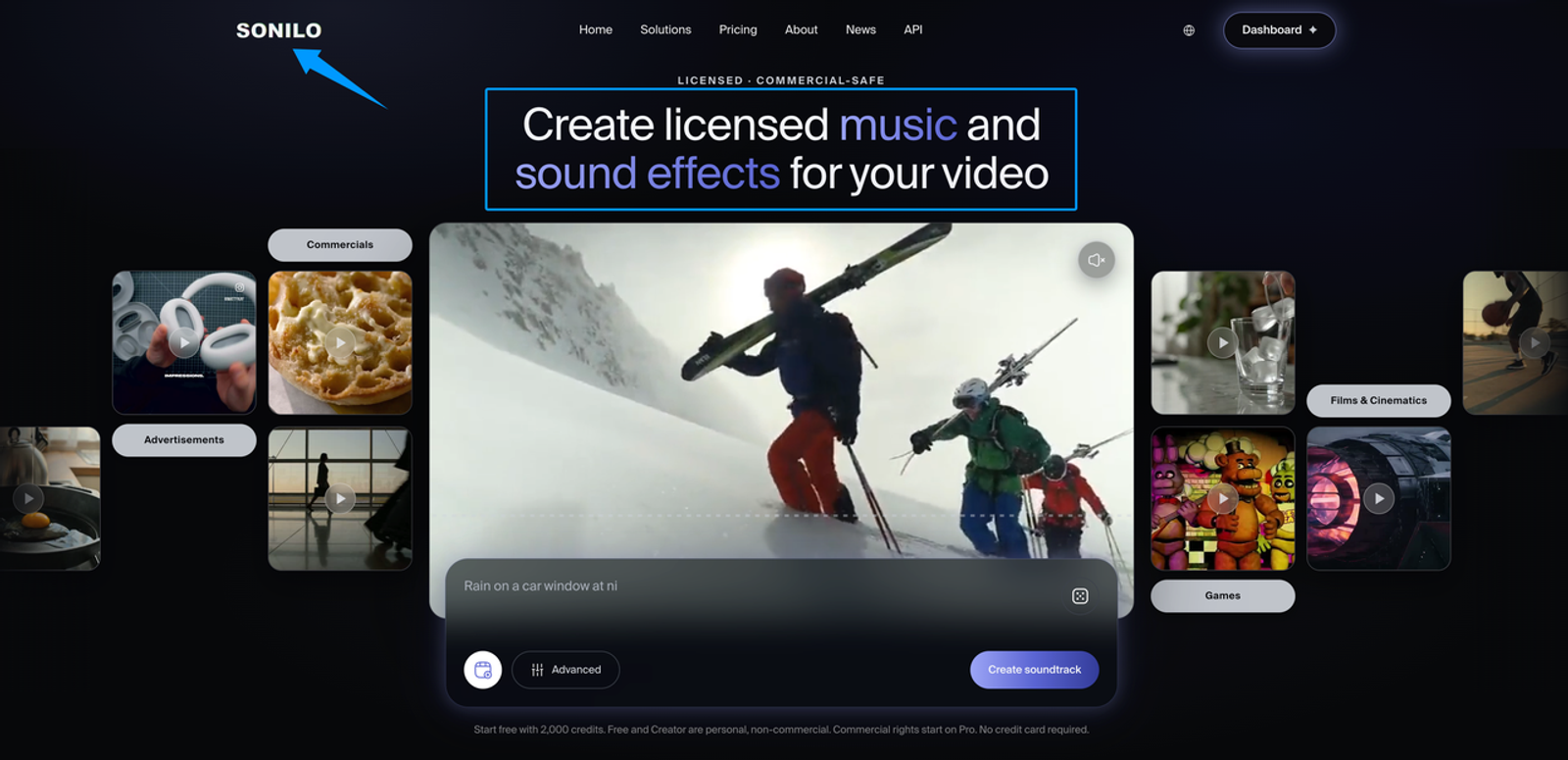 The Sonilo website interface, a powerful sound effects app for generating licensed audio for videos.