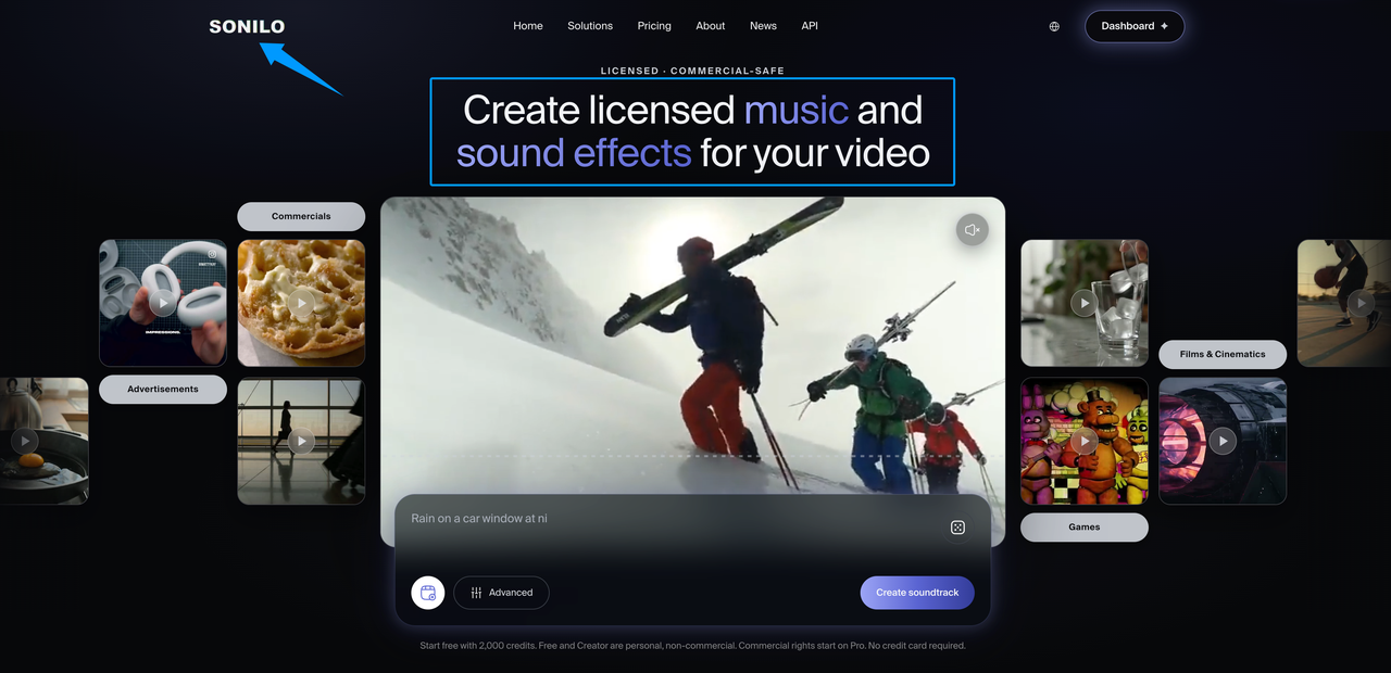 The Sonilo website interface, a powerful sound effects app for generating licensed audio for videos.