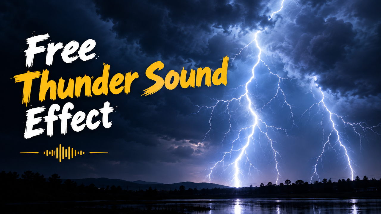 A powerful lightning bolt illuminating a dark sky over trees and water, with text 'Free Thunder Sound Effect'.