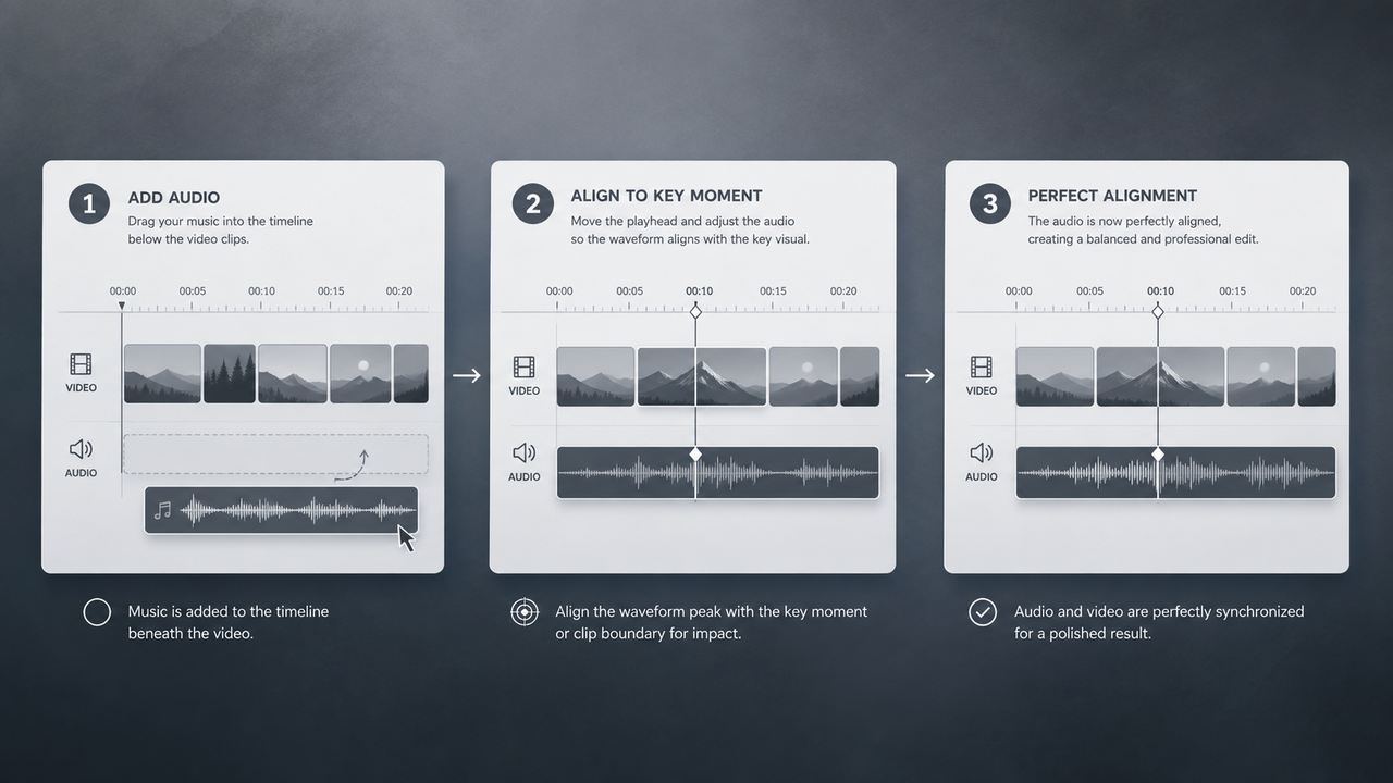 Diagram demonstrating three steps to add audio, align waveform peaks to key video moments, and achieve audio synchronization.