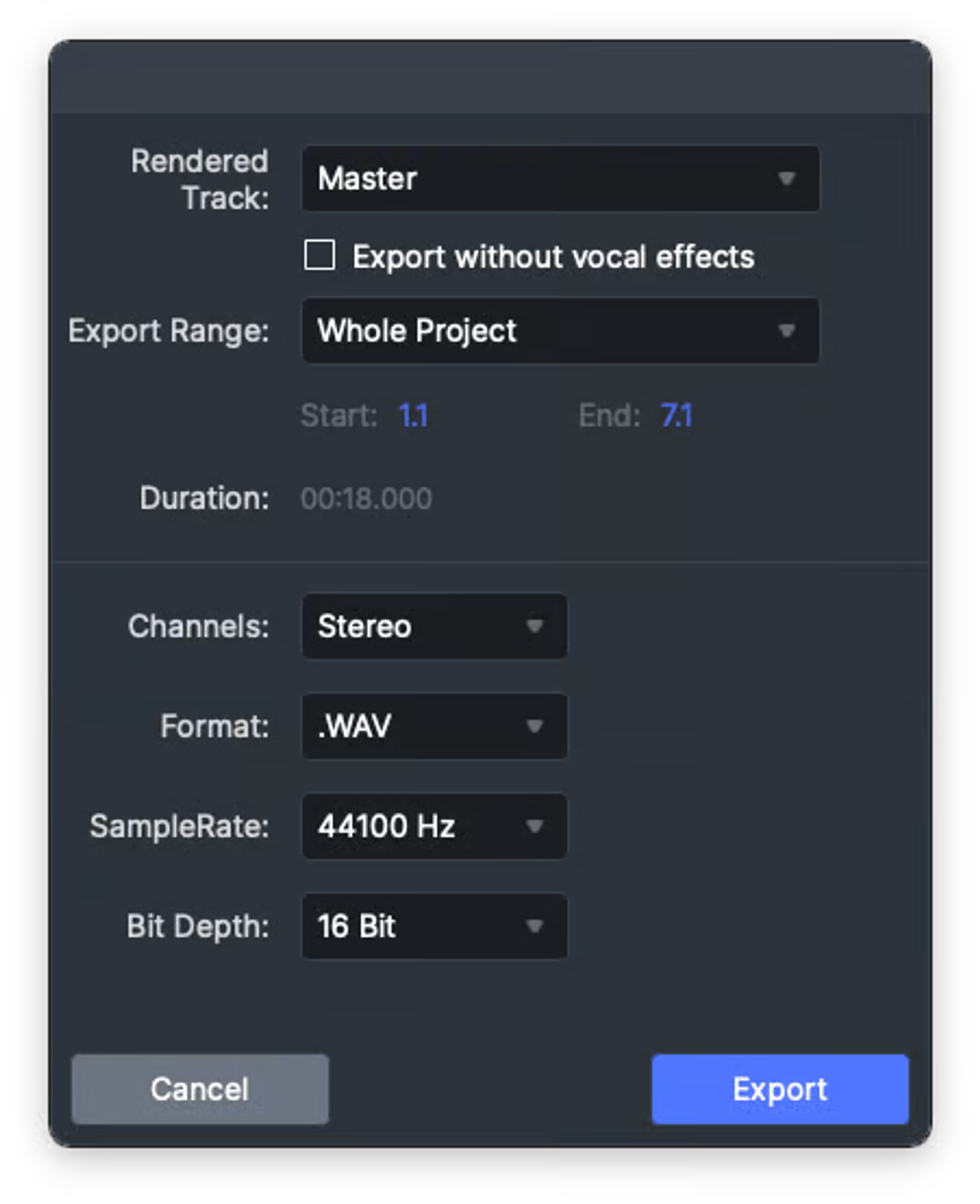 Finalizing the Suno vs ACE Studio test by reviewing the detailed audio export settings, including WAV format options.