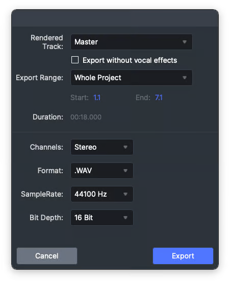 Finalizing the Suno vs ACE Studio test by reviewing the detailed audio export settings, including WAV format options.
