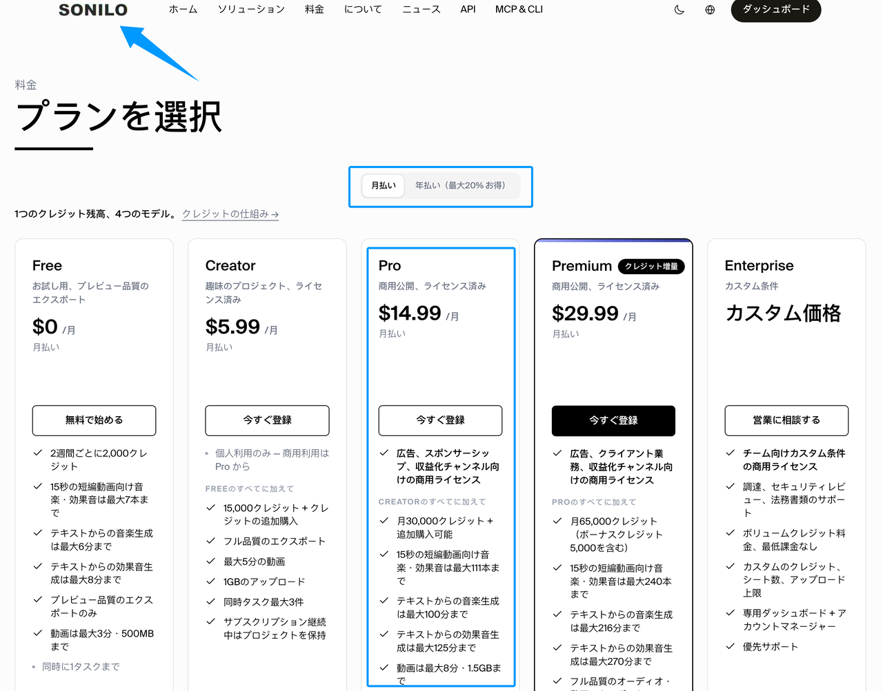 多機能なAI音楽生成ツールとしてMiniMax Music 2.6と比較されるSONILOの料金プラン選択画面です。無料のお試しプランから商用利用可能なProプラン、さらに企業向け版まで、用途に合わせた選択肢が用意されています。