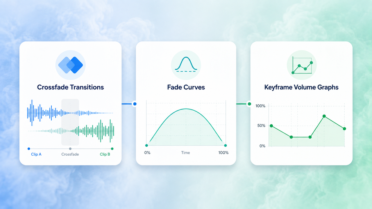 Visual graphic illustrating three audio editing concepts: Crossfade Transitions between tracks, Fade Curves, and Keyframe Volume Graphs.