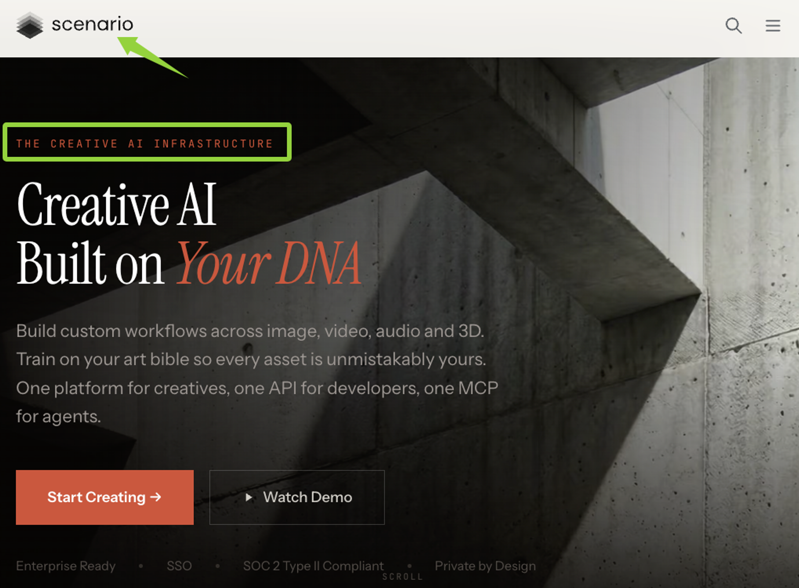 Sonilo is partnering with Scenario integration on the Scenario homepage showcasing Creative AI infrastructure and custom workflow tools.