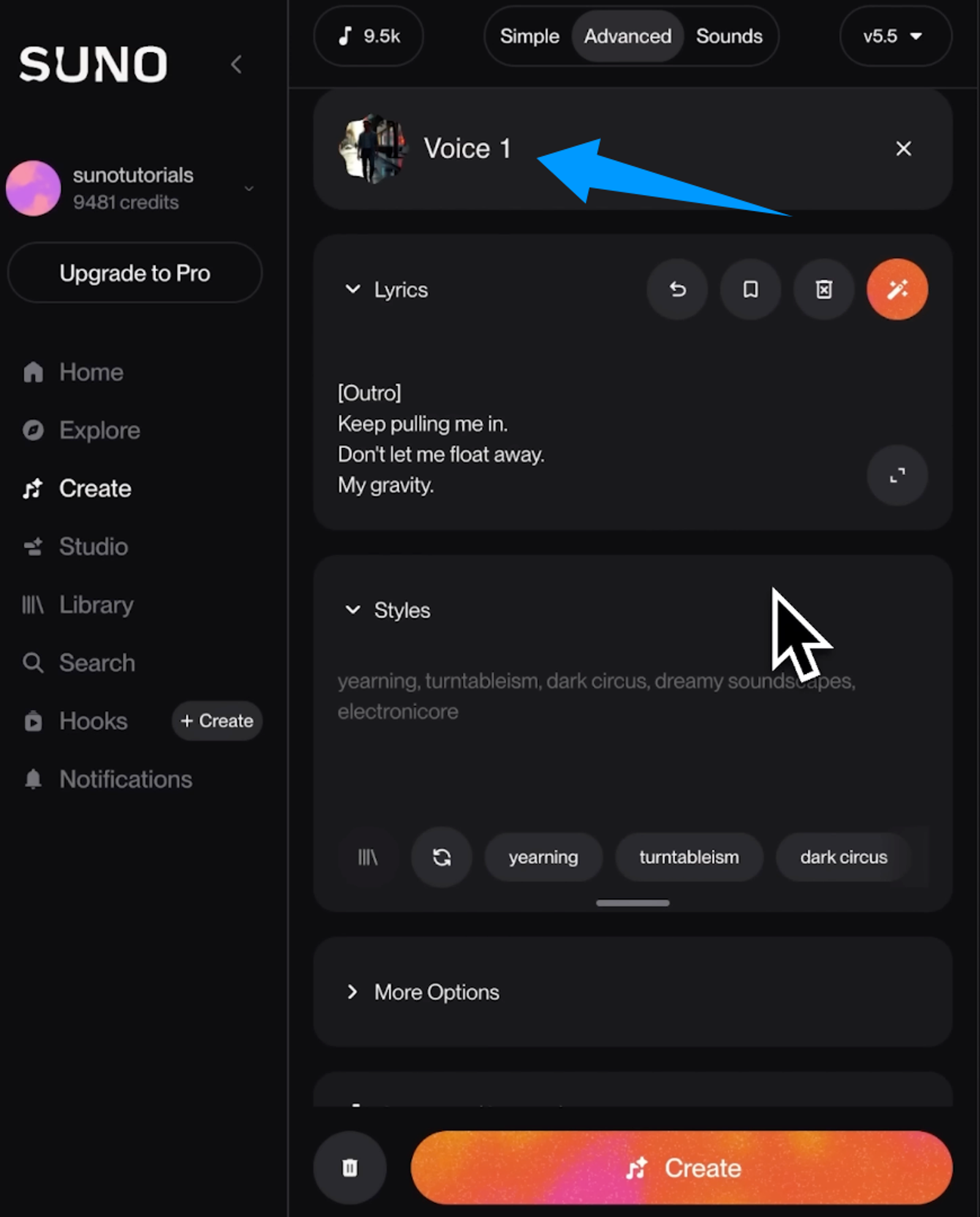 Selecione a voz gravada na interface avançada do Suno v5.5 Voices para gerar sua música personalizada com IA.