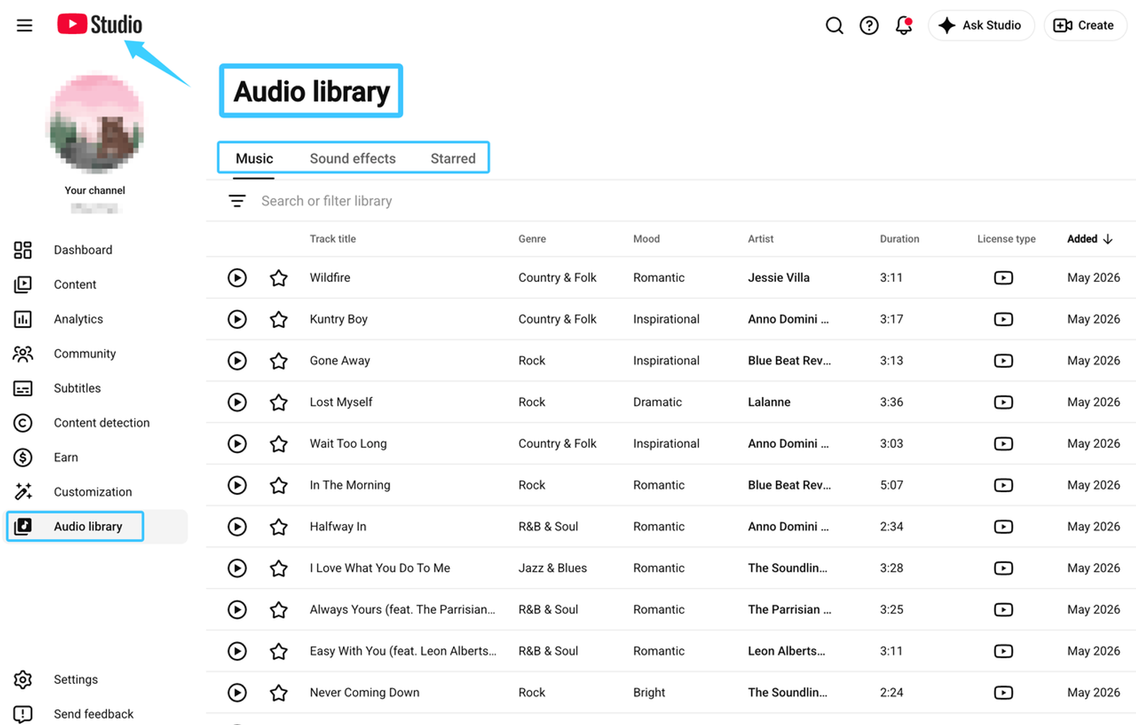 Screenshot of the YouTube Studio Audio Library interface, showcasing options for free sound effects for video editing.