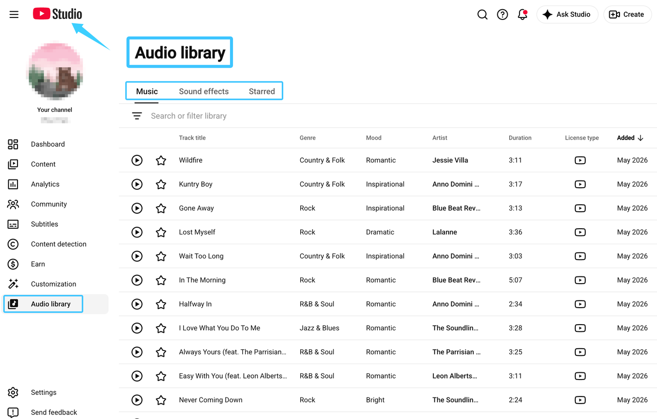Screenshot of the YouTube Studio Audio Library interface, showcasing options for free sound effects for video editing.