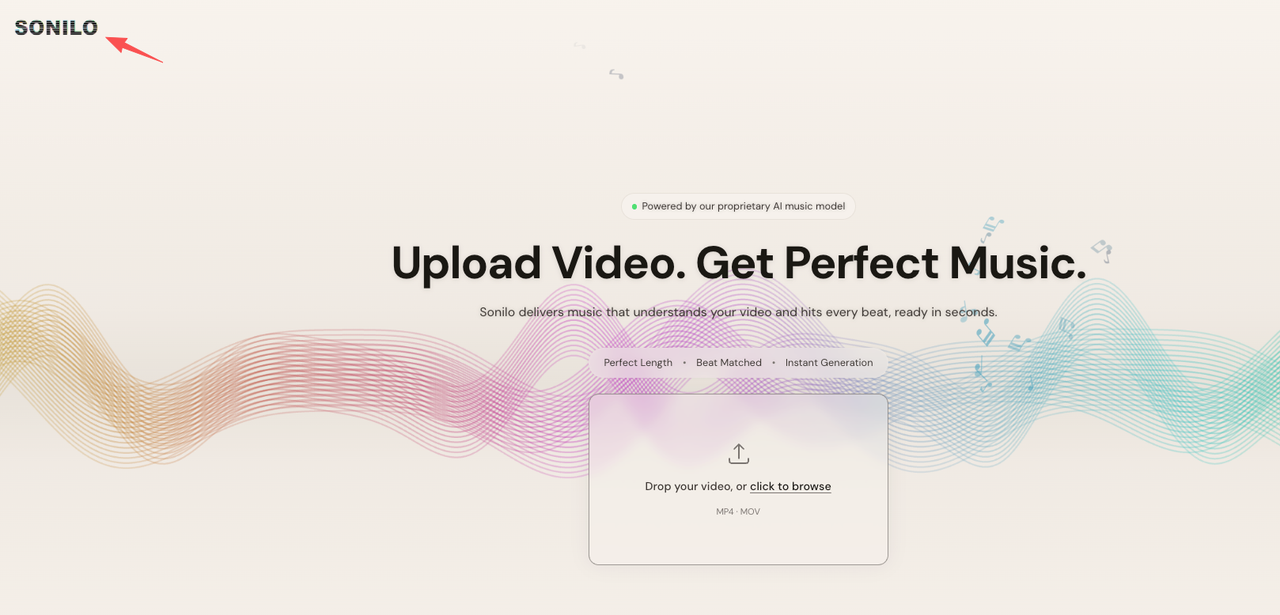 Sonilo homepage offering video-to-music generation as the top minimax music 2.6 alternative tool.