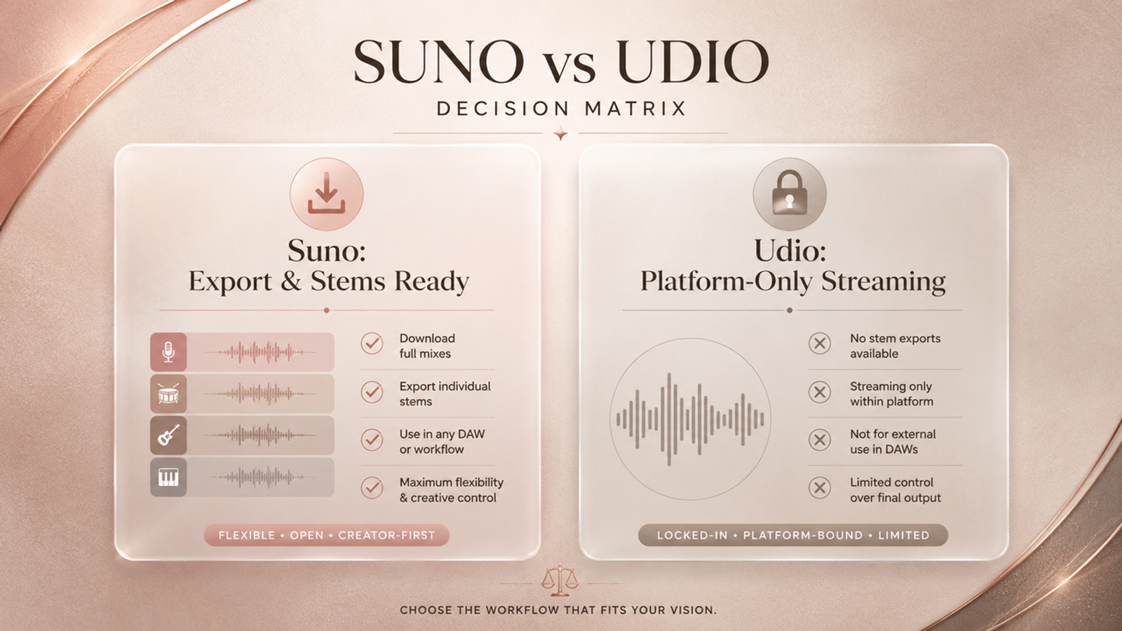 Side-by-side comparison diagram contrasting Suno’s open export capabilities (full mixes, individual stems, DAW integration) with Udio’s platform-bound streaming limitations.