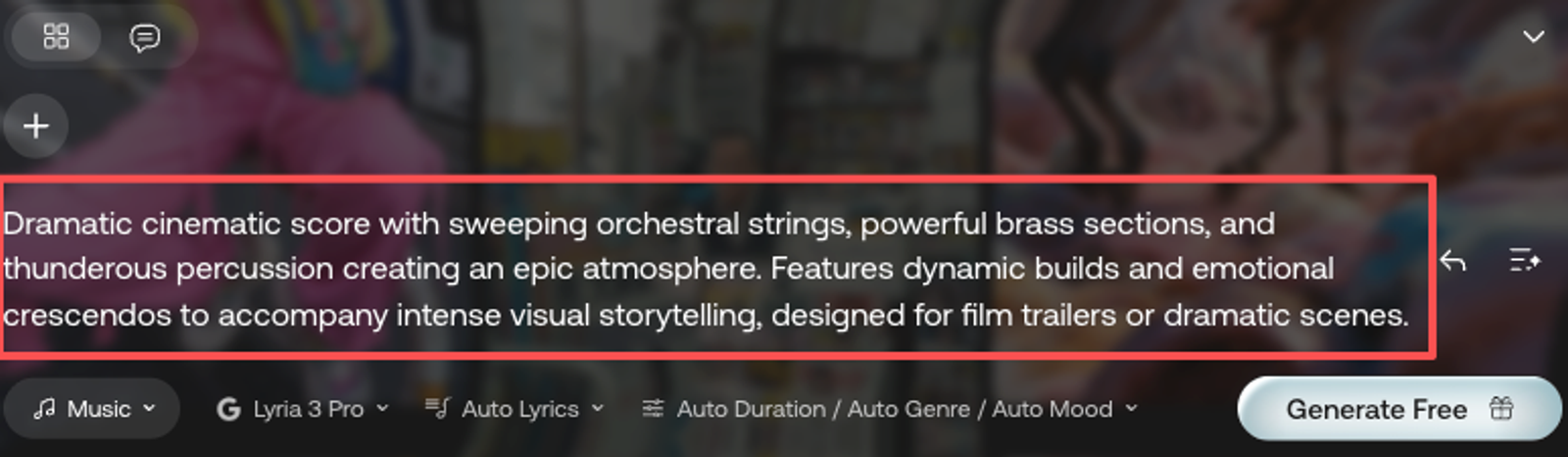 Input descriptive text prompts to generate dramatic cinematic scores using an advanced Video-to-music AI generation platform.