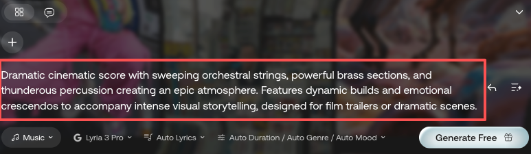 Input descriptive text prompts to generate dramatic cinematic scores using an advanced Video-to-music AI generation platform.