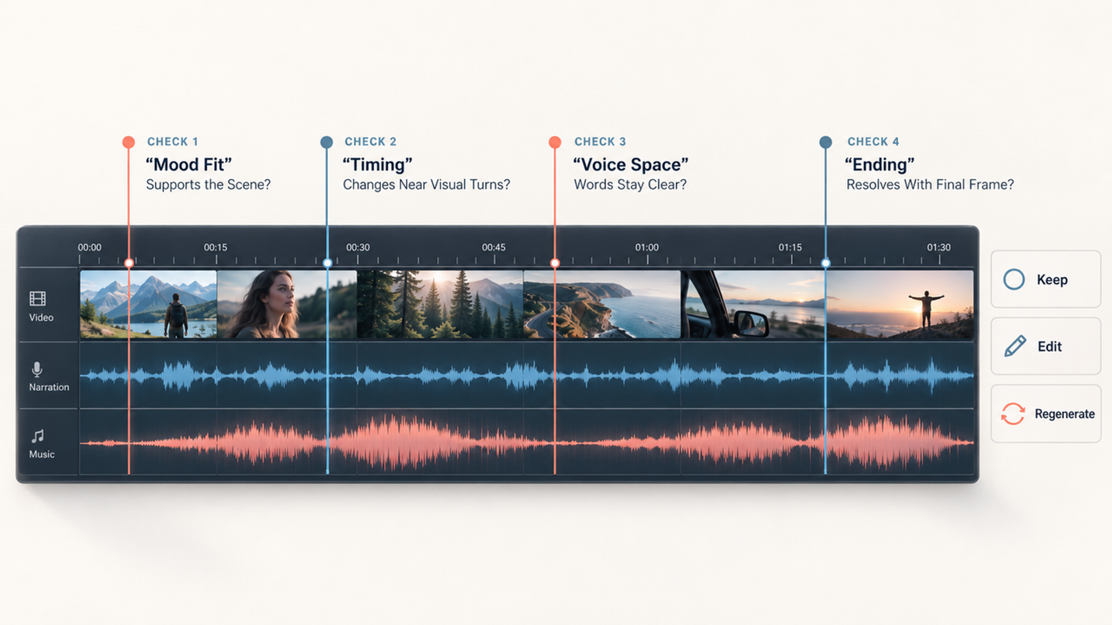 Editing timeline demonstrating what is AI generated music alignment and timing in videos.
