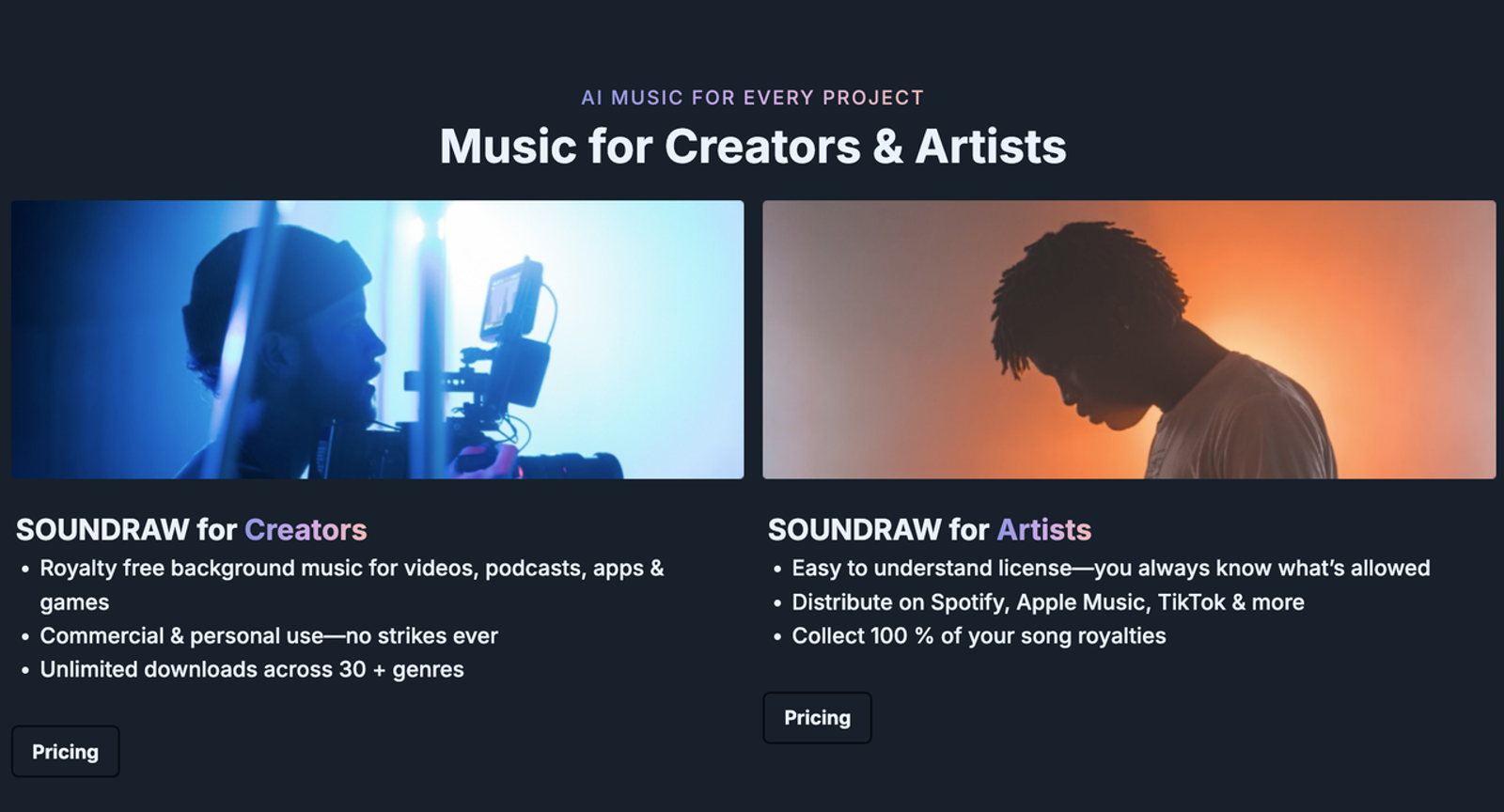 A comparison of Soundraw AI music generator benefits for both creators and artists with pricing options.