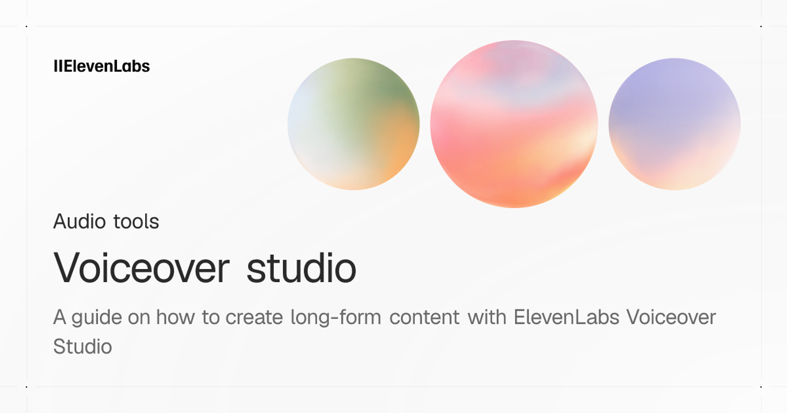 An overview of ElevenLabs for Video showing the Voiceover studio interface with abstract colorful shapes.