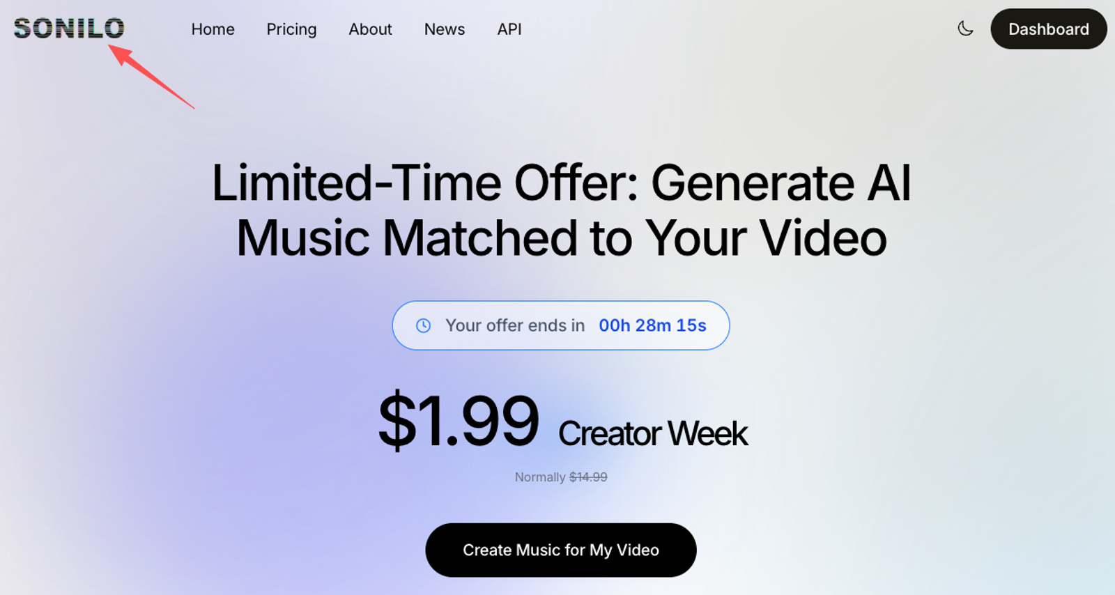 Discover the Sonilo Video-to-music AI homepage featuring a limited-time creator offer to generate AI music matched to videos.