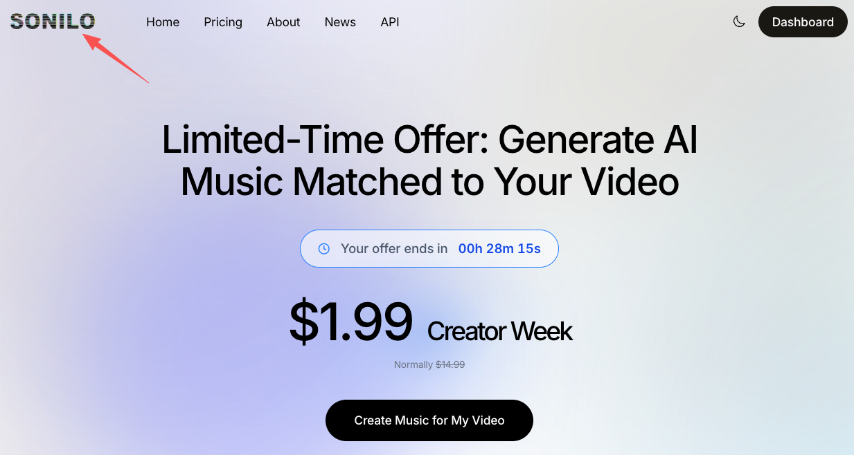 Discover the Sonilo Video-to-music AI homepage featuring a limited-time creator offer to generate AI music matched to videos.