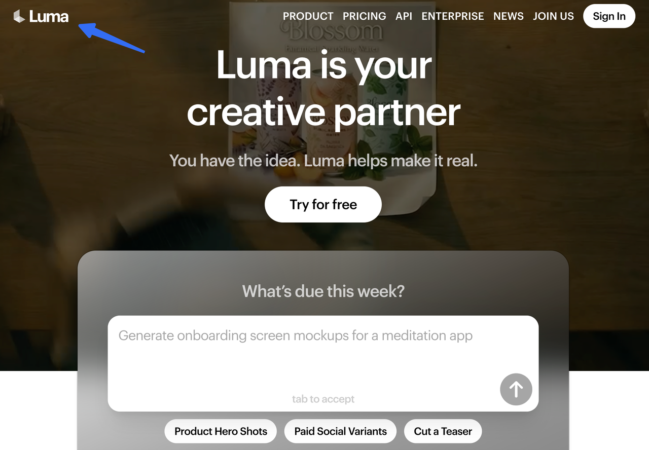 アイデアを形にするクリエイティブなAIゲームアセット生成ツール「Luma」の公式サイトトップページ画像です。プロンプトを入力するだけで、ゲーム開発に必要な高品質なアセットやモックアップを効率的に作成できるプラットフォームです。